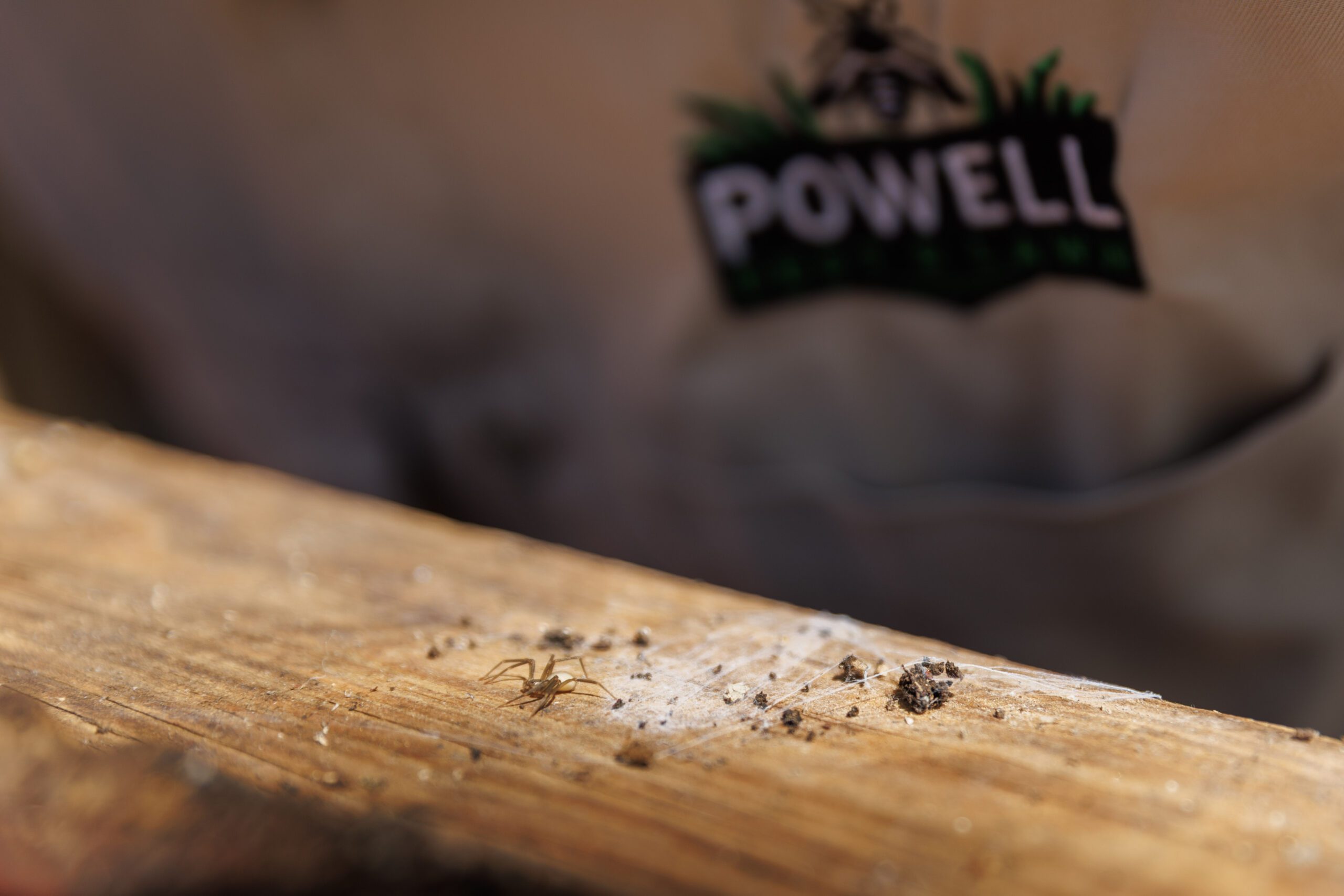 Powell Pest and Lawn uniform beside a wooden surface Powell Pest and Lawn logo on a technician’s uniform behind a wooden surface